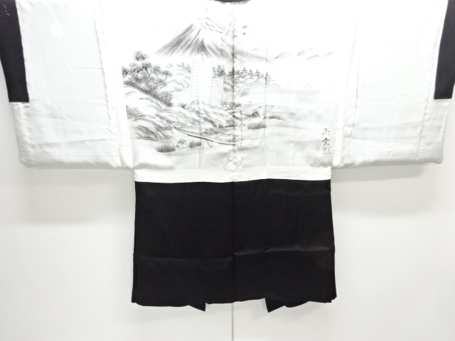  アンティーク　帆掛け船模様肩裏紋付羽二重男物着物